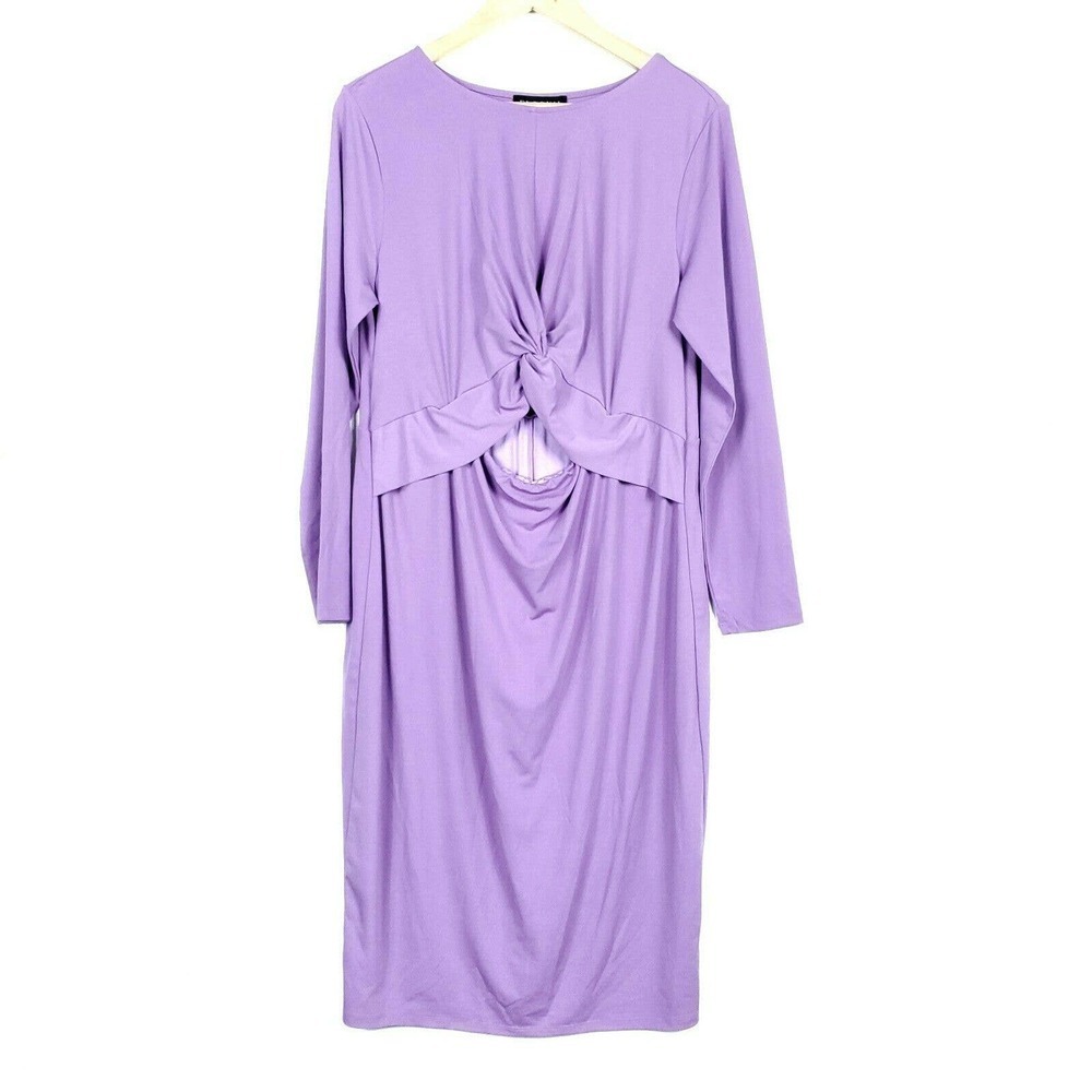 Eloquii Dress 14 Pastel Purple Long Sleeve Keyhole Knot Front Scoop Neck Midi